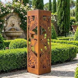 May include: A tall, rectangular, rust-colored metal garden sculpture featuring intricate laser-cut designs of a drum kit and flowing musical notes. The structure has a weathered, oxidized finish and stands upright on a stone patio surface.
