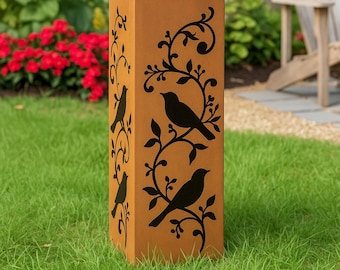 Rusty Bird Garden Column: Laser-Cut Metal Yard Art Sculpture