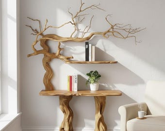 Handcrafted Tree Branch Bookshelf,  Wooden Tree Bookshelf, Nature Inspired Floating Shelf for Living Room, Tree Bookcase Art Decoration
