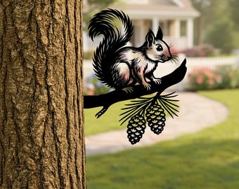 Estaca de metal para árvore em formato de esquilo: decoração de jardim com tema de animais da floresta, arte de parede rústica em metal, placa para árvore ao ar livre
