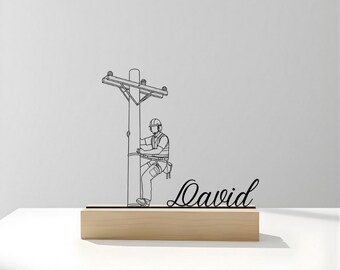 Lineman Metal Wooden Base: Custom Utility Worker Desk Sign