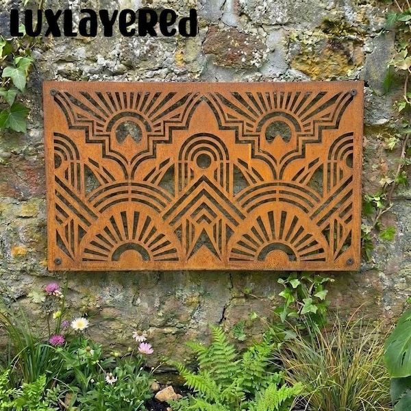 Panel geométrico de metal para jardín, decoración de pared con diseño de amanecer para jardín exterior, panel de pared geométrico moderno para paisaje, inserto para barandilla.