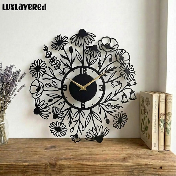 Handmade Floral Metal Wall Clock, Wildflower Botanical Decor, Farmhouse Wall Art, Nature Lover Gift, Flower Ornament