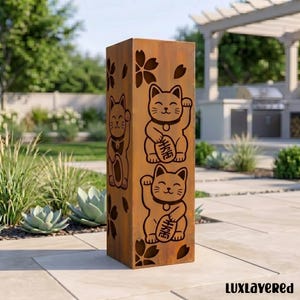 Columna de jardín de metal con forma de gato de la suerte, decoración japonesa para exteriores, arte asiático para el jardín, regalo de inauguración de casa