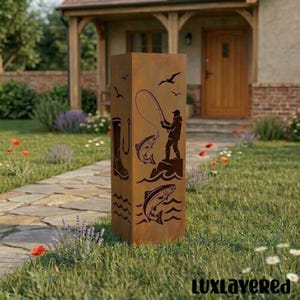 May include: A rectangular, weathered metal outdoor decor piece with fishing-themed cutouts. The design includes a fisherman, fish, boots, and waves. The base has the text "luxlayered" in white.