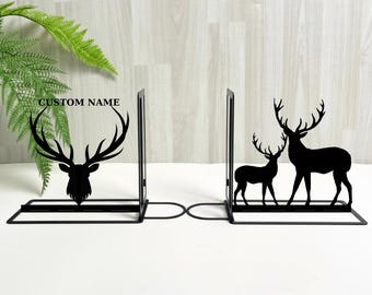 Sujetalibros de metal con ciervos personalizados: decoración rústica de estantería con temática forestal para cazadores, amantes de la naturaleza y amantes de los ciervos.