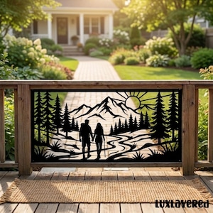 Custom Couple Hiking Metal Railings, Mountain Forest Balcony Guard Art Sign, Housewarming Gift for Couple
