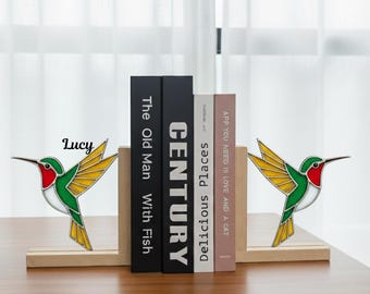 Fermalibri in vetro colorato con colibrì, portalibri in vetro fatto a mano con base in legno, regalo per gli amanti degli uccelli