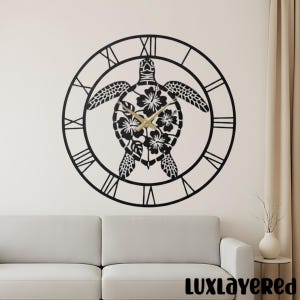 Sea Turtle Metal Wall Clock: Coastal Ocean Wall Art, Hibiscus Decor, Mom Gifts