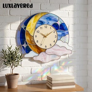 Moon and Cloud Stained Glass Clock, Crescent Moon Wall Decor, Nursery Gift
