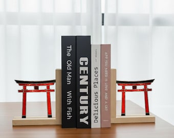 Japanese Torii Gate Stained Glass Bookends: Handmade Glass Decor, Zen Style Book Holder, Unique Gift for Japan Lovers