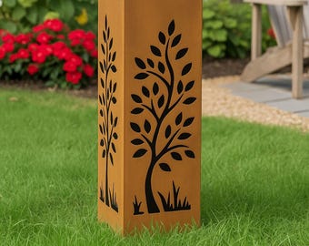 Rusty Tree Garden Column: Laser-Cut Steel Outdoor Decor