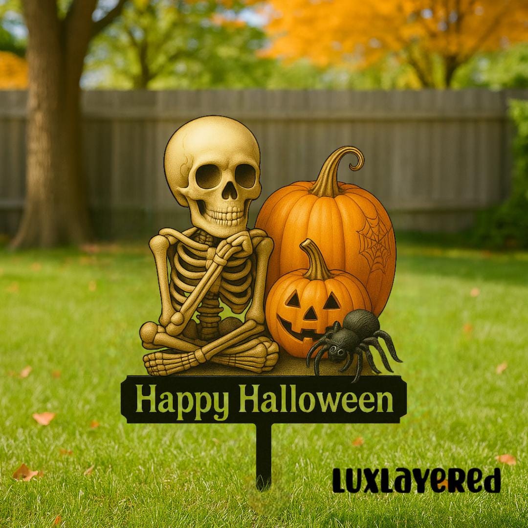 Halloween Skeleton Pumpkin Yard Sign, Metal Spooky Garden Stakes ...