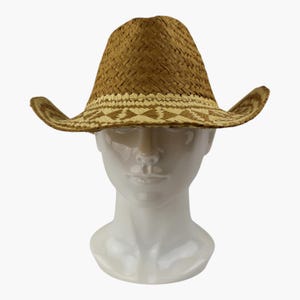 May include: A brown straw cowboy hat featuring a woven texture and a wide, curved brim. The hat includes a decorative band around the base of the crown with a repeating geometric pattern in alternating light beige and dark brown straw colors.