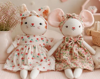 Muñeco combinado de gato y ratón, muñeco suave de tela de lino natural, juguete de peluche hecho a mano, muñeco de tela para niñas, juguete de gatito de lino suave, regalo para baby shower