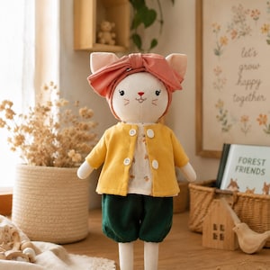 Handgemachte Katzenpuppe mit Kleidung, personalisierte Kitty Plüschtier, Kuscheltier Geschenk, Baby-Dusche-Geschenk, Neugeborenen Baby Geschenk, weiche Puppe