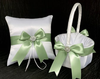 Light Meadow Green Crystal Bow Ring Bearer Pillow and/or Flower Girl Basket • White, Off-White, Ivory or Black Wedding • Mix-Match Quantity