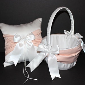 Light Peach Sash Ring Bearer Pillow and/or Flower Girl Basket  • White, Off White or Ivory Wedding • Mix & Match Quantities