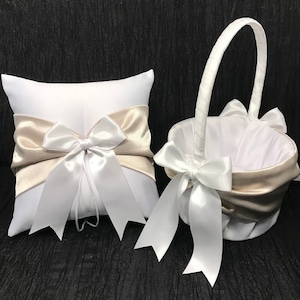 Champagne Sash Ring Bearer Pillow and/or Flower Girl Basket • White, Off White or Ivory Wedding • Mix & Match Quantities