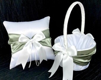 Sage Green Wedding Ring Bearer Pillow and/or Flower Girl Basket • White or Ivory • Custom Colors Available • Shipping Cost Included