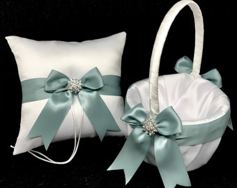 Seafoam Teal Blue & Rhinestone Crystal Wedding Ring Bearer Pillow and/or Flower Girl Basket • White or Ivory • Shipping Cost Included
