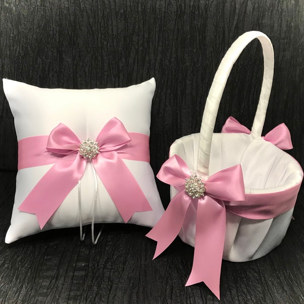 Tickled Pink Bow Wedding Ring Bearer Pillow and/or Flower Girl Basket • Rhinestone Crystal Accent • White or Ivory • Shipping Cost Included