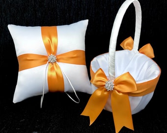 Tangerine Orange Bow Wedding Ring Bearer Pillow and/or Flower Girl Basket • Rhinestone Crystal Accent • White or Ivory  • Shipping Included