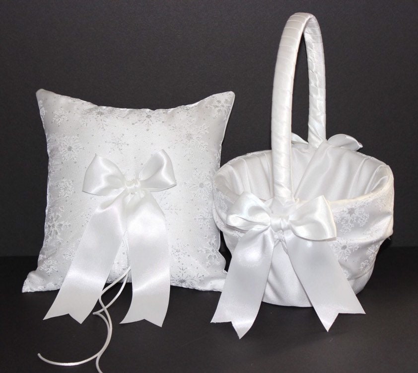 Snowflake Ring Bearer Pillow Flower Girl Basket White Or Ivory