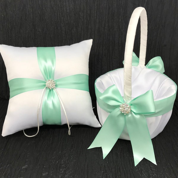 Light Mint Green & Rhinestone Crystal Wedding Ring Bearer Pillow and/or Flower Girl Basket • White or Ivory • Shipping Cost Included