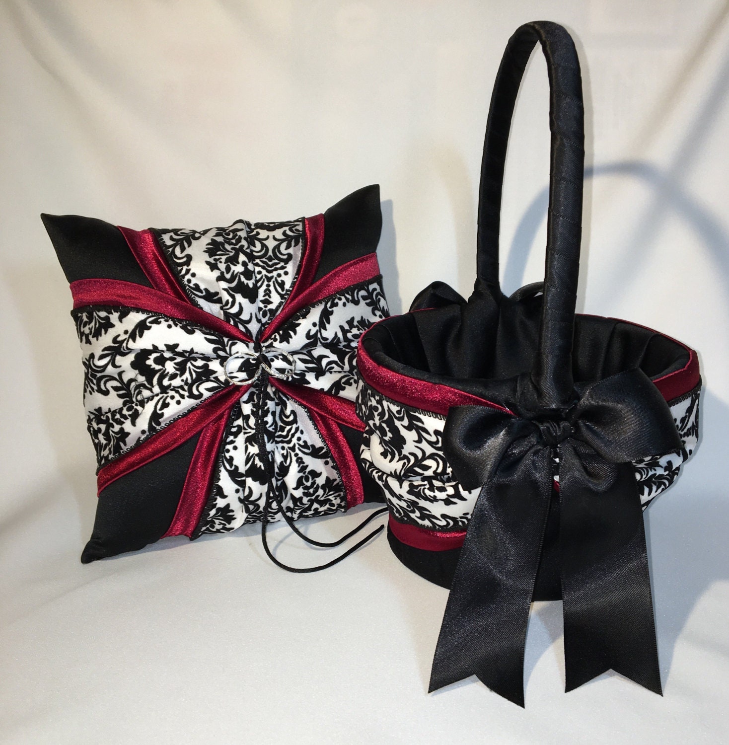 Damask Ring Bearer Pillow Flower Girl Basket Black White Red
