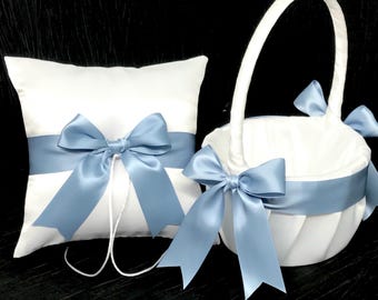 Dusty Blue Bow Wedding Ring Bearer Pillow and/or Flower Girl Basket • White, Off White or Ivory • Mix & Match Quantities