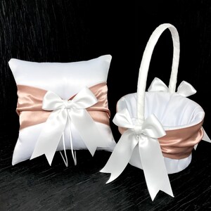 Dusty Buff Sash Ring Bearer Pillow and/or Flower Girl Basket • White, Off White or Ivory Wedding • Mix & Match Quantities