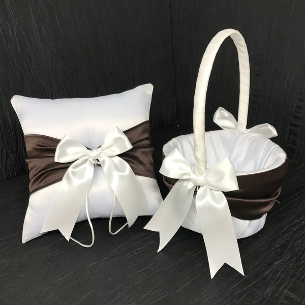 Espresso Brown Sash Ring Bearer Pillow and/or Flower Girl Basket Set • White or Ivory Wedding • Custom Colors Available • Free Shipping