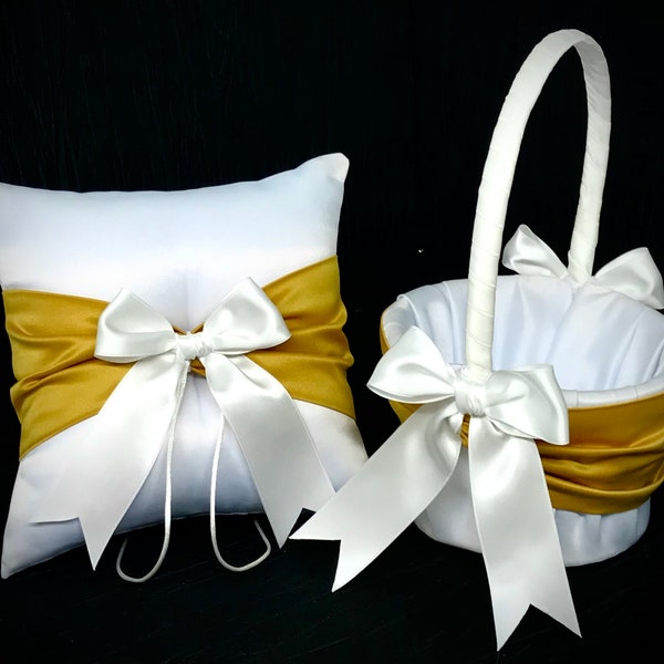 Ochre Gold Sash Wedding Ring Bearer Pillow and/or Flower Girl Basket • White or Ivory • Custom Colors • Shipping Included • Mustard Yellow