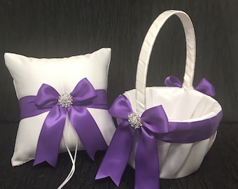 Royal Purple Rhinestone Bow Ring Bearer Pillow and/or Flower Girl Basket • White, Off White or Ivory Wedding • Mix & Match Quantities