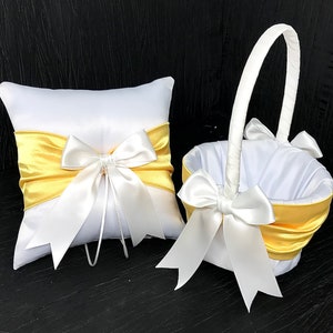 Daffodil Yellow Sash Wedding Ring Bearer Pillow and/or Flower Girl Basket • White or Ivory • Custom Colors • Shipping Included