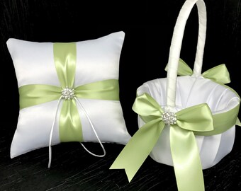 Light Green Crystal Bow Ring Bearer Pillow and/or Flower Girl Basket • White, Off-White, Ivory, Black Wedding • Mix-Match Quantity