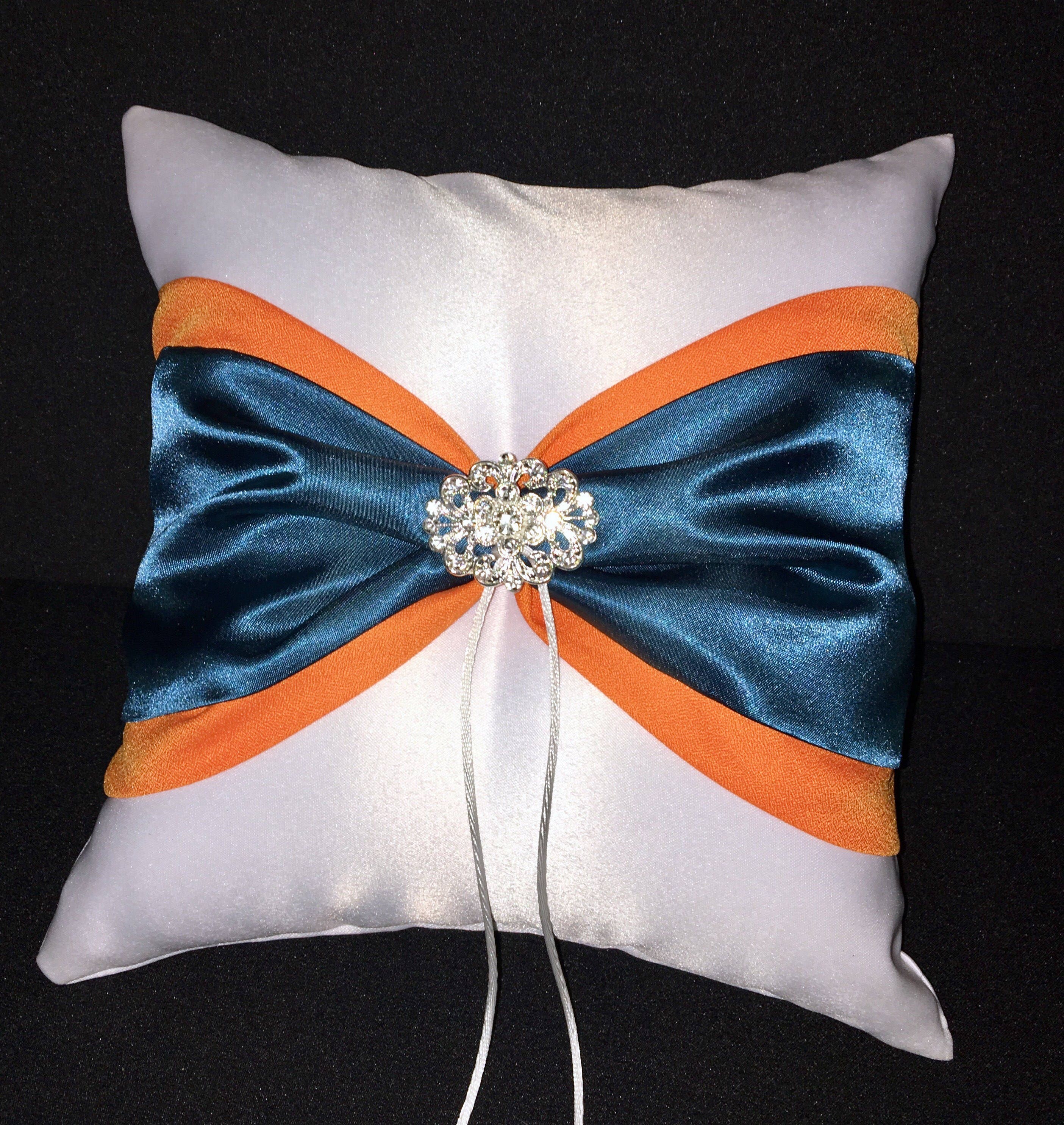 Orange Teal Blue Ring Bearer Pillow With Rhinestone Crystal