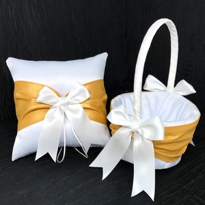 Butterscotch Gold Sash Wedding Ring Bearer Pillow and/or Flower Girl Basket • White or Ivory • Custom Colors • Shipping Included