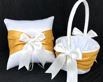 Butterscotch Gold Sash Wedding Ring Bearer Pillow and/or Flower Girl Basket • White or Ivory • Custom Colors • Shipping Included