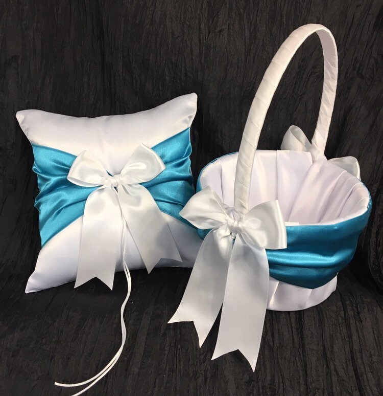 Turquoise Ring Bearer Pillow Flower Girl Basket Set White Or