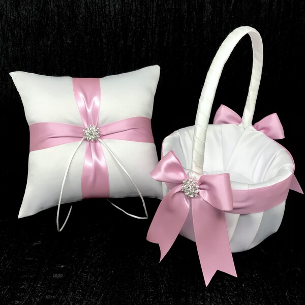 Tickled Pink Bow Wedding Ring Bearer Pillow and/or Flower Girl Basket • Rhinestone Crystal Accent • White or Ivory • Shipping Cost Included