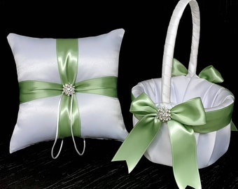 Light Meadow Green Crystal Bow Ring Bearer Pillow and/or Flower Girl Basket • White, Off-White, Ivory or Black Wedding • Mix-Match Quantity