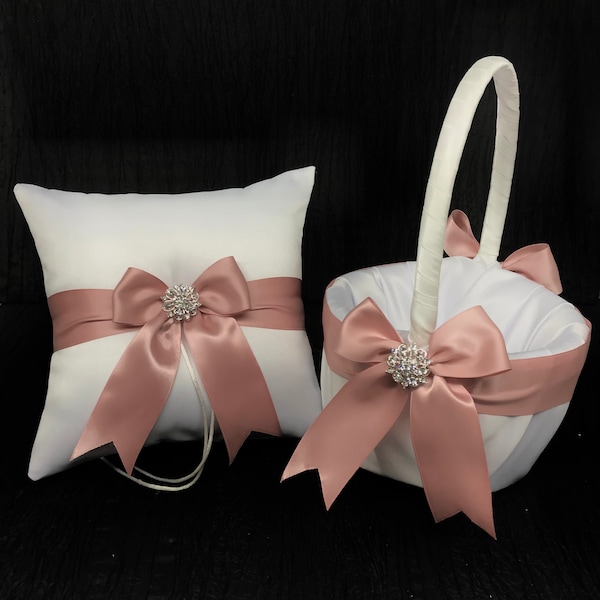 Dusty Rose Gold Pink Bow, Rhinestone Crystal Wedding Ring Bearer Pillow and/or Flower Girl Basket • White or Ivory • Shipping Cost Included