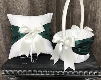 Deep Emerald Forest Green Sash Ring Bearer Pillow and/or Flower Girl Basket • White, Off White or Ivory Wedding • Mix & Match Quantities