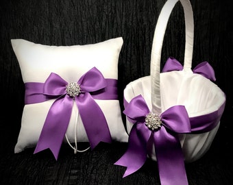 Purple Bow & Rhinestone Crystal Wedding Ring Bearer Pillow and/or Flower Girl Basket • White or Ivory • Shipping Cost Included