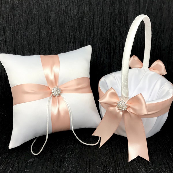 Light Peach Bow & Rhinestone Crystal Wedding Ring Bearer Pillow and/or Flower Girl Basket Set • White or Ivory • Shipping Cost Included