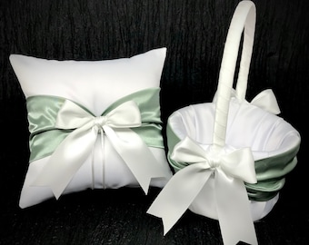 Dusty Sage Green Wedding Ring Bearer Pillow and/or Flower Girl Basket • White or Ivory • Custom Colors Available • Shipping Cost Included