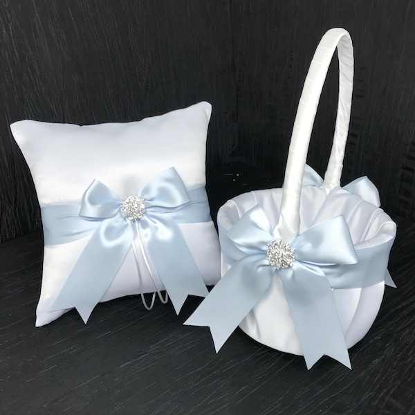 Ice Blue Bow Wedding Ring Bearer Pillow and/or Flower Girl Basket • Rhinestone Crystal Accent • White or Ivory • Shipping Cost Included