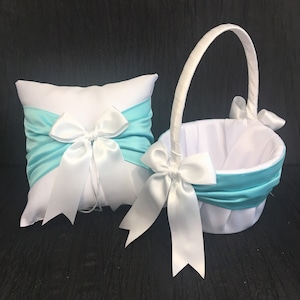 Spa Blue Sash Ring Bearer Pillow and/or Flower Girl Basket  • White, Off White or Ivory Aqua Wedding • Mix & Match Quantities